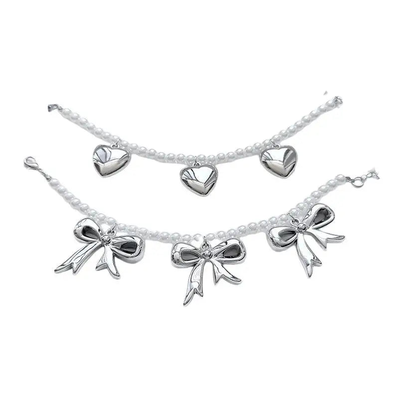 Heart Bow Charm Anklet Trouser Chain Imitation Pearl Beaded Ankle Chain Adjustable Foot Jewelry Women Girls Fashion Accessories Qme