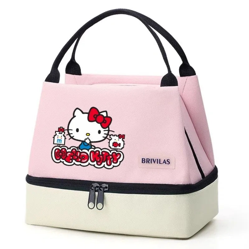 Hello Kitty Block Print Double Layer Insulated Lunch Bag Portable Qme