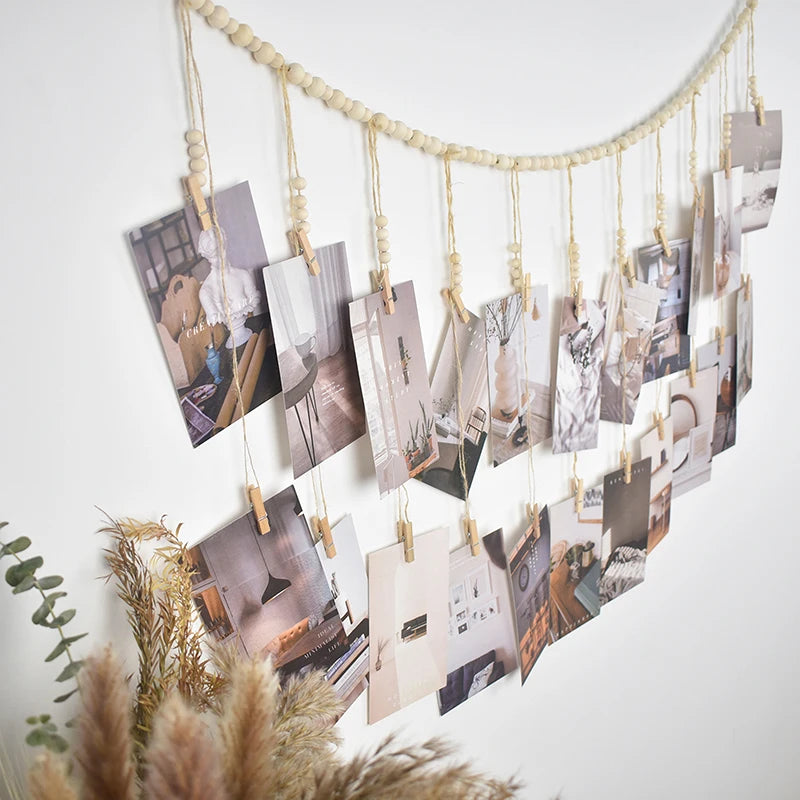 Photo Display Wall Hanging Decor Boho Home Decoration Wooden Beads Qme