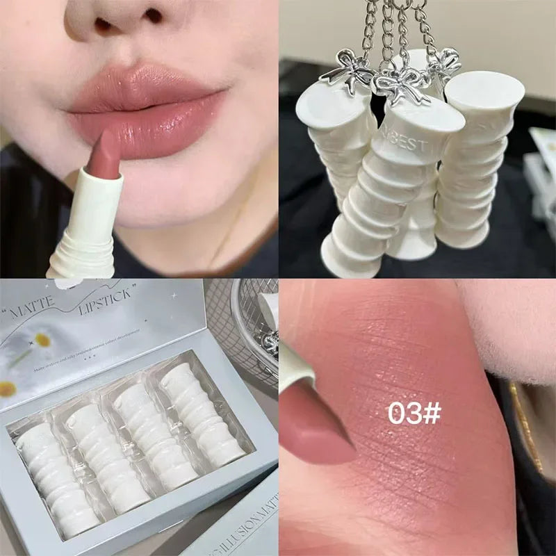 QIBEST 4 Colors Lip Stain Light Color Makeup Sets Soft Mist Waterproof Colorful Lipstick Long Lasting Shiny Lipstick Cosmetics Qme