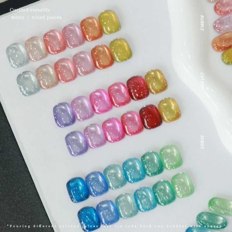 18 Colors Fruit Soda Cat Eye Gel Polish, Bubble Ice Transparent Glass Bead Magnetic Nail Art, New Shimmer Jelly Soak Off UV Gel Qme