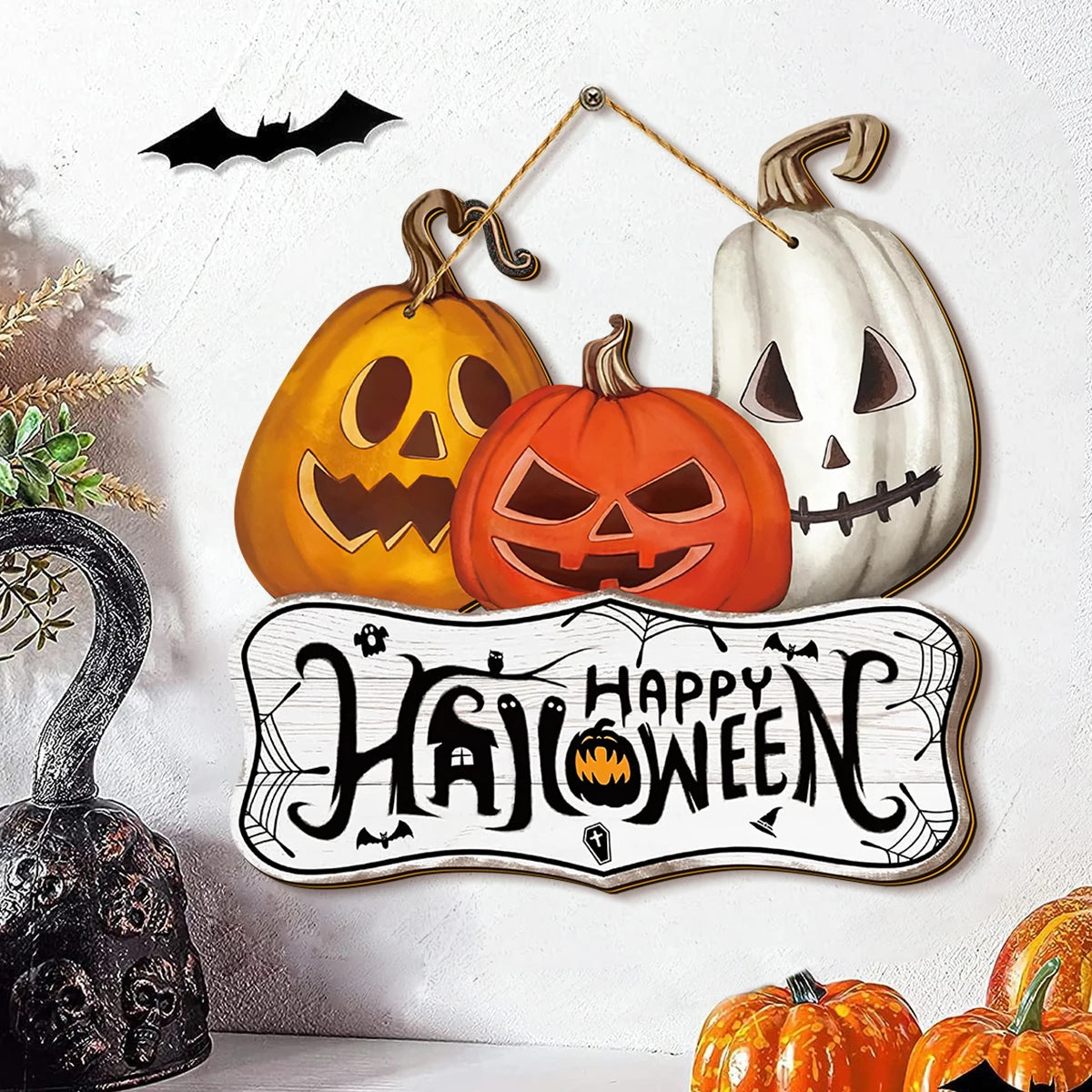 Halloween Wooden Wall Hanging Sign - "Happy Halloween" Orange, Yellow, White Jack Pumpkin Decoration, Halloween Decoration Qme
