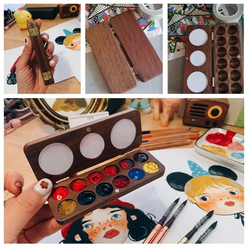 Handmade Portable Wooden Watercolor Paint Box Magnetic Suction Qme