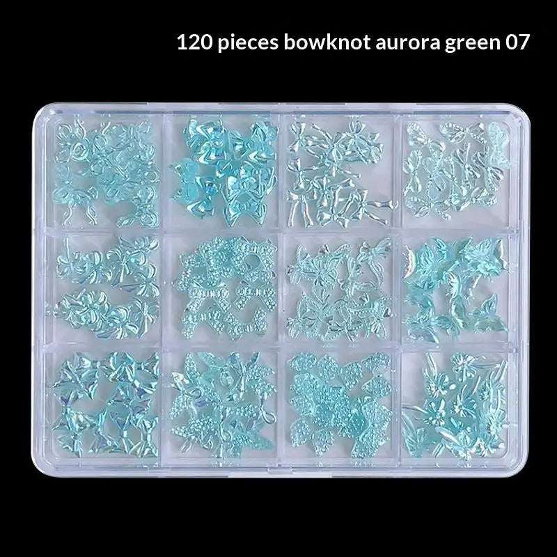120 Iridescent Aurora Bow Nail Charms Clear Storage Box Perfect DIY Qme cyan
