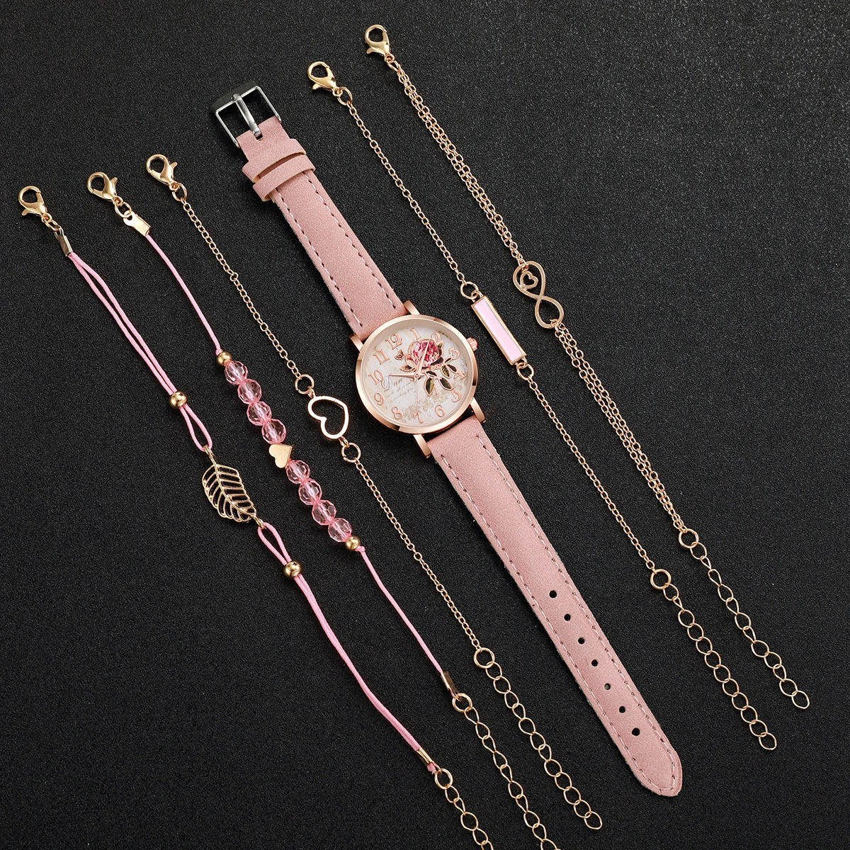 PU leather strap women's quartz watch pink dial, pink strap set, 6-piece set Qme