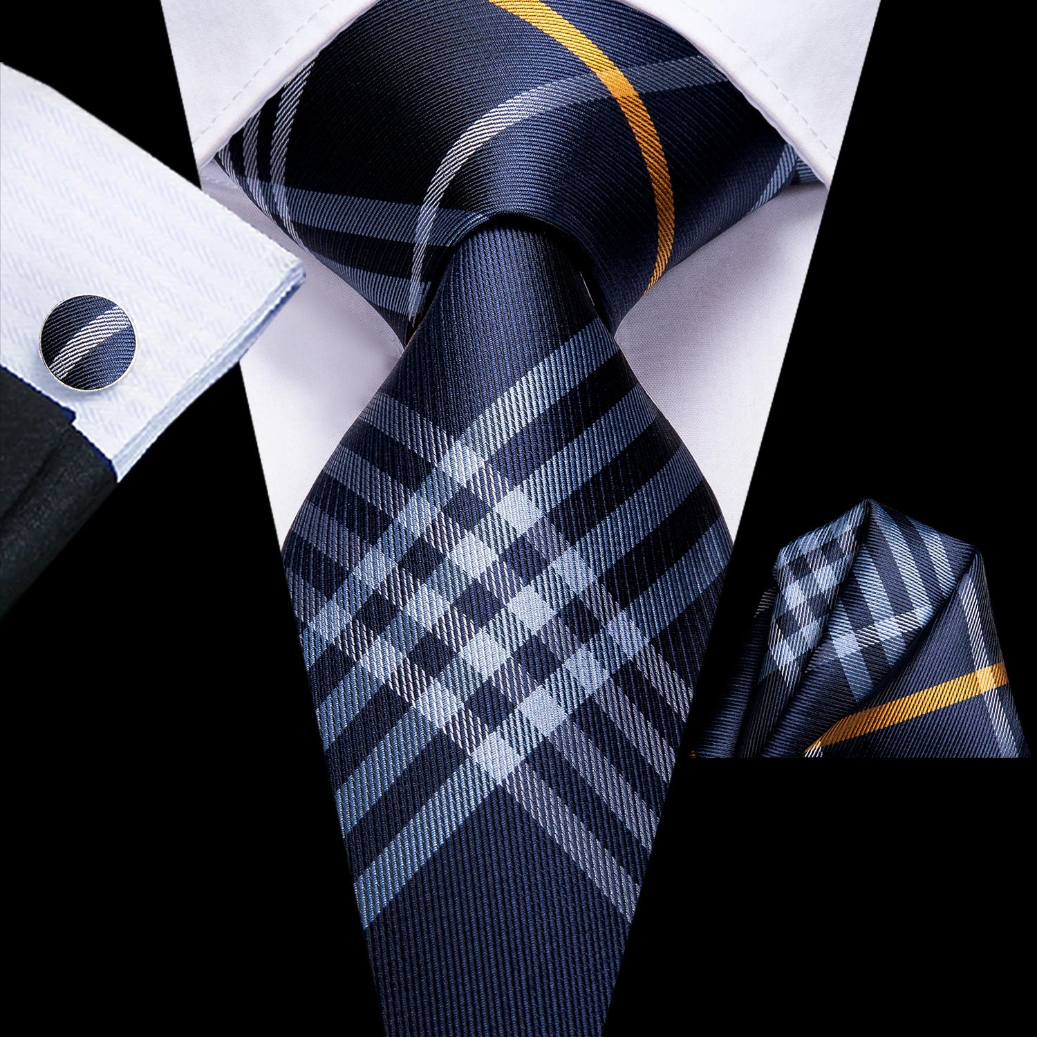 Designer Wedding Tie Men Blue White Plaid Handky Cufflink Red Gray Qme 3367