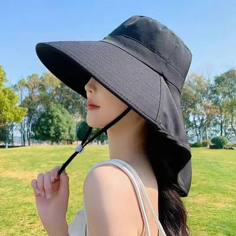 Solid Wide Brim Sun Hat Korean Neck Cover Protection Adjustable Women Qme 2 Black One Size