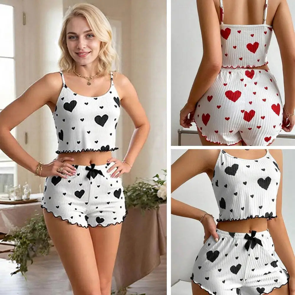 2pcs Women's Pajama Set Sexy Cute Kawaii Pajamas Women suspenders Sun-Tops Loungewear Set Shorts Lolita Heart Silk Sleepwear Qme