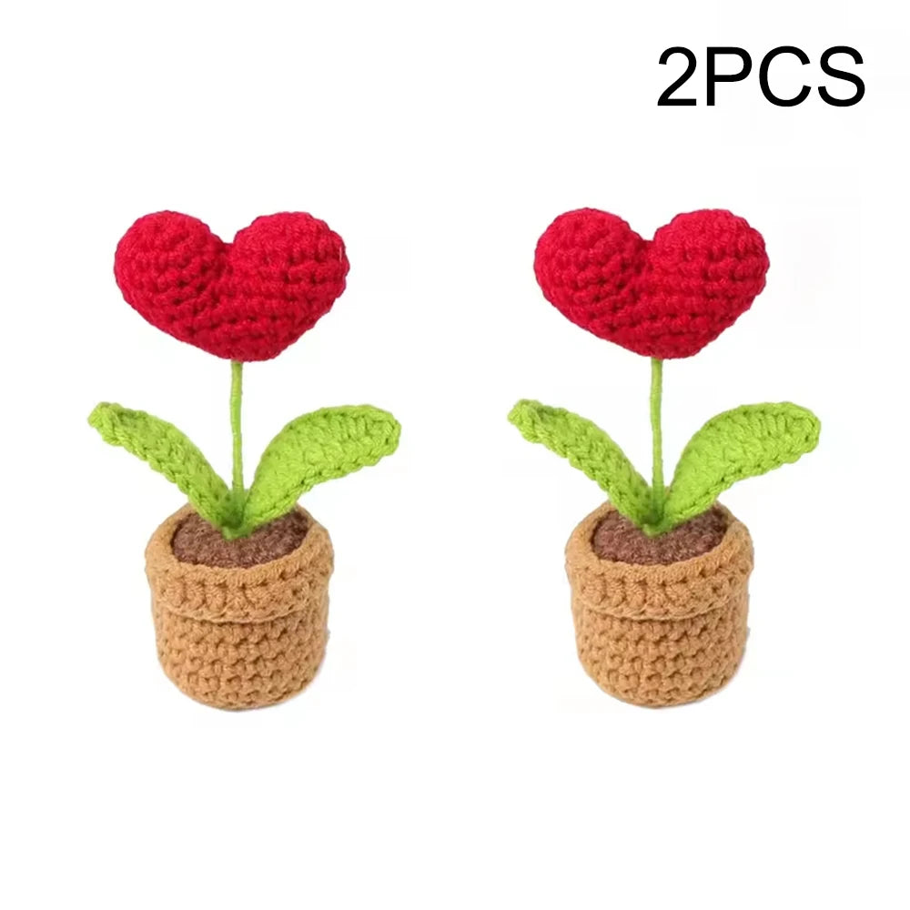 Hook Woven Finished Small Potted Plant Simulation Flower Potted Plant Flower Decoration Creative Gift Ornament Qme 2PCS