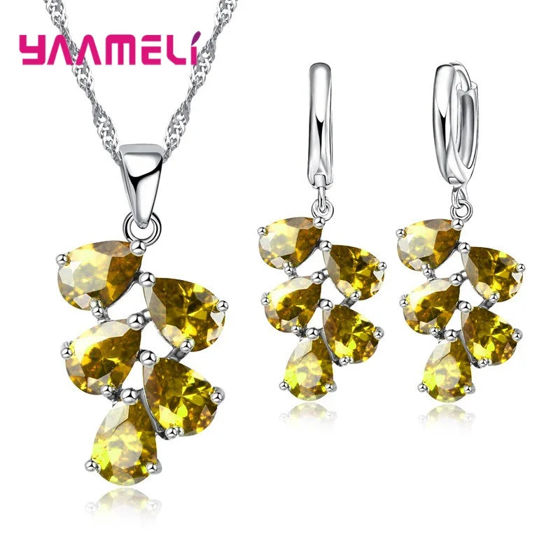 Anniversary Gift For Women Trendy 925 Sterling Silver Color Jewelry Sets Cubic Zirconia Pendants Necklaces Charm Hoop Earrings Qme Yellow