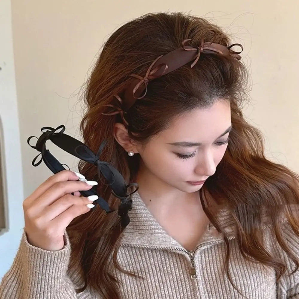 Fashion Elegant Satin Bow Headband Sweet Temperament French Hairband Qme Black
