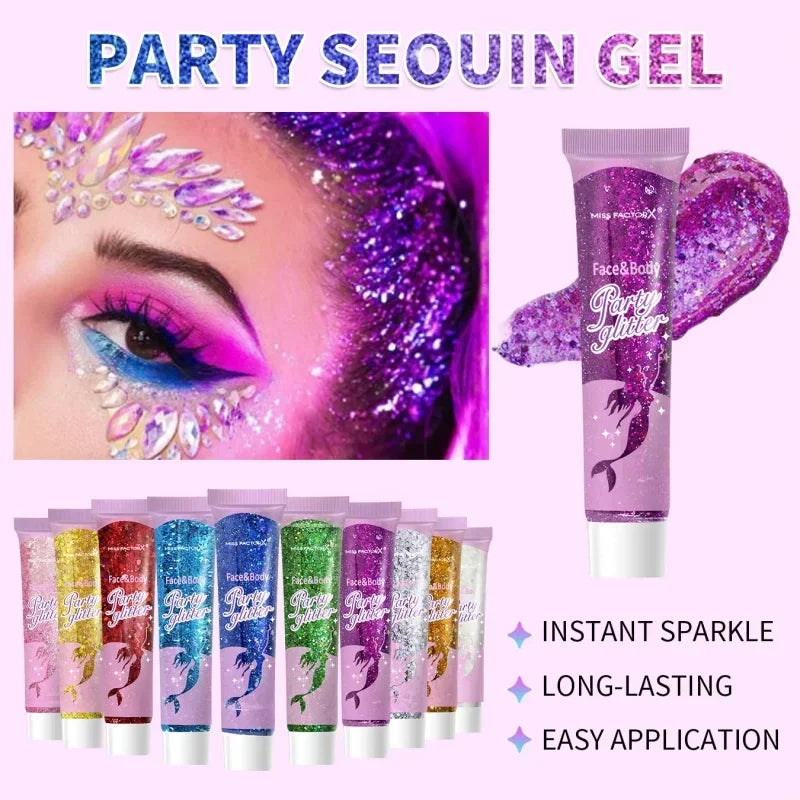Sparkling Sequins Glitter Gel Stick 10 Color Body Glitter Gel Cosmetic Hair Glitter Festival Makeup for Christmas Party Qme