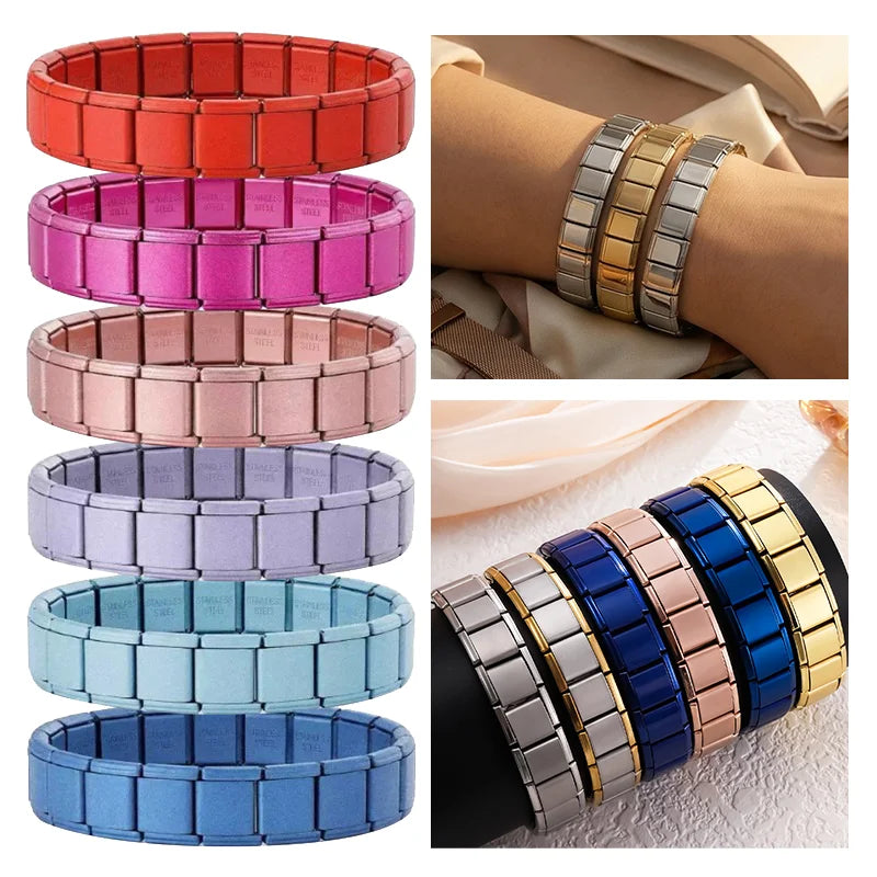 Fashion Wholesale High Quality Couple's Y2K Jewelry DIY 9MM Width Italian Elastic Bracelet Solid Color Stainless Steel Bangle Qme