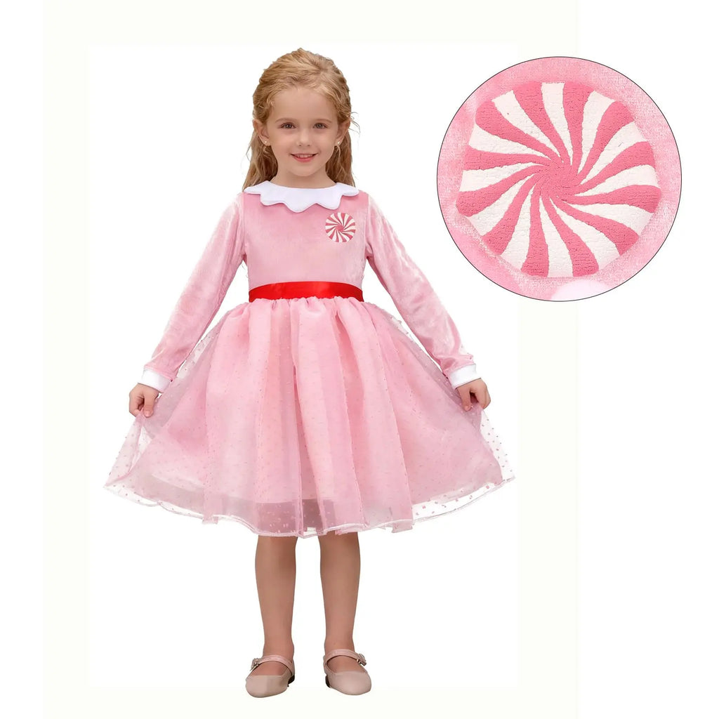 Girls Cindy Lou Who Costume Girls Loog Sleeve Princess Dress with Lollipop Pattern Christmas Dress Up Skirt Outfit Qme