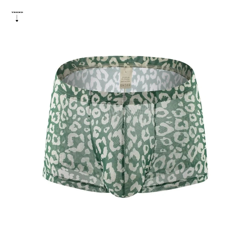 Breathable Leopard Print Men's Boxer Briefs Thin Flat Pants Mesh Qme