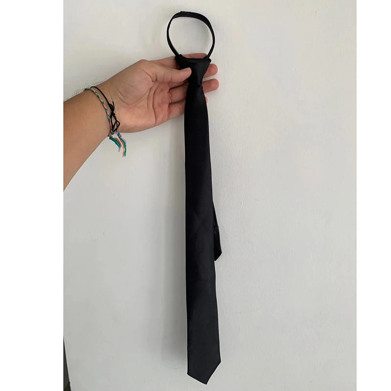 Unisex Black Simple Clip Tie Women Zipper Ties Retro Silky Narrow Men Qme