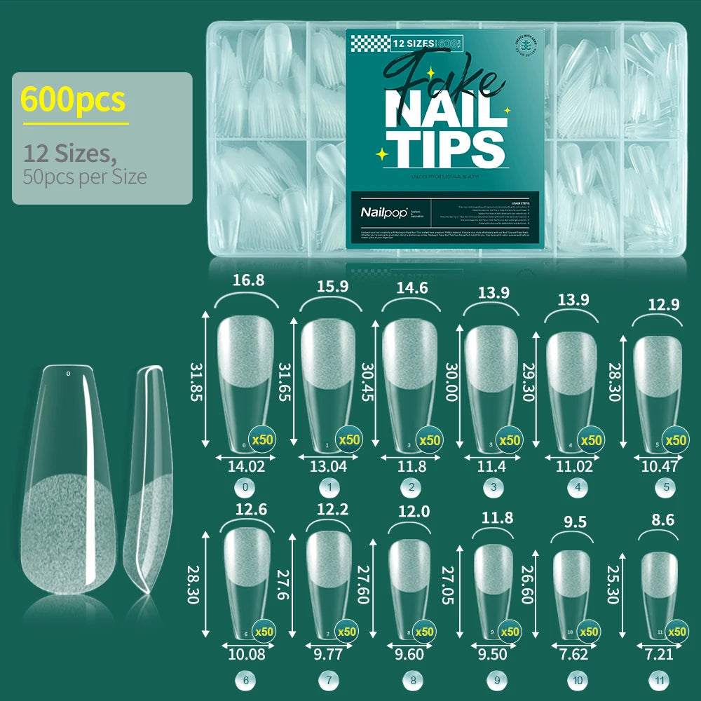 Nailpop False Nails 10 12 Sizes Full Cover Tips Clear Durable Qme L-Coffin-600
