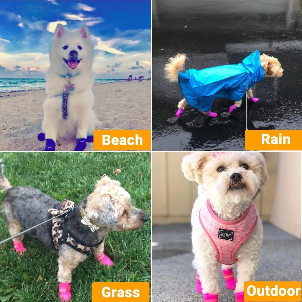 Waterproof Silicone Dog Rain Boots Colorful Pet Shoes Anti-slip Puppy Foot Protector Adjustable Strap Outdoor Walking Booties Qme