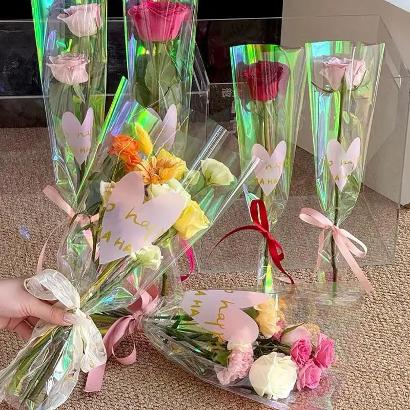 30Pcs Colorful Transparent Flower Packaging Bag Waterproof Laser Love Bouquet Packaging Paper Straight Bag Bouquet Packaging Qme
