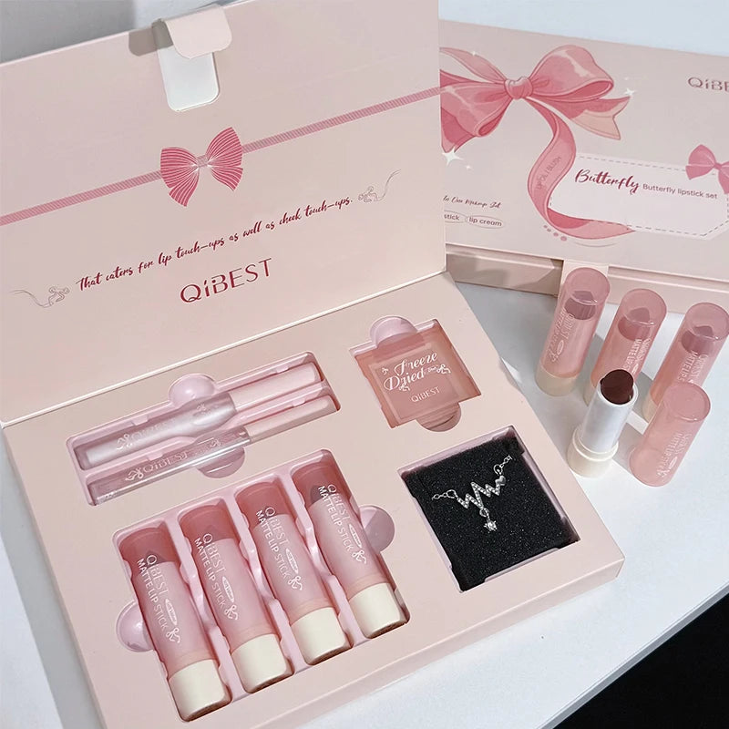 7Pcs/Box Makeup Sets 4PCS Velvet Nude Liquid Lipstick,1 Lip Cream,1 Lip Oil,1 Face Blush Palette And Necklace Gift Cosmetic Kits Qme Lip Makeup Kits