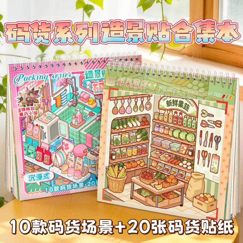 Creative Cartoon 3D Landscape Sticker Book PET DIY Cabin Scene Sticker Miniature House Sticker Cabin Scene Stationery stickers Qme