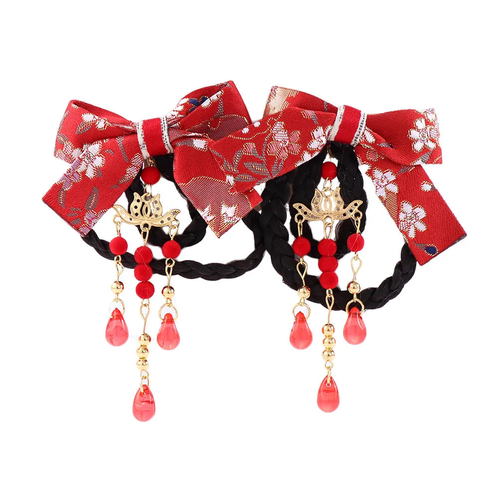 Elegant Sweet Cloth Hanfu Headdress Tang Suit Tassel Chinese Style Wig Braid Hairpin Side Clip Bow Hairpin Hair Accessories Qme A