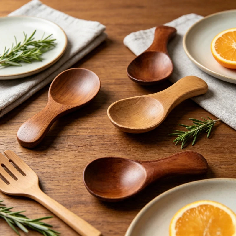 Mini Wooden Spoons Small Kitchen Spice Condiment Spoon Sugar Tea Coffee Scoop Short Handle Wood Kids Spoon Kitchen Gadgets Qme