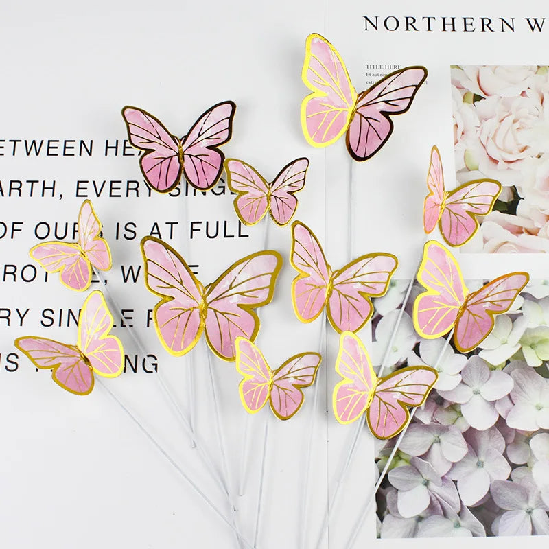 10Pcs/Set Butterfly Cake Toppers Painted Butterfly Birthday Cakes Wedding Party Baking Supplies Fairy Decoration Plug-in Card. Qme Pink