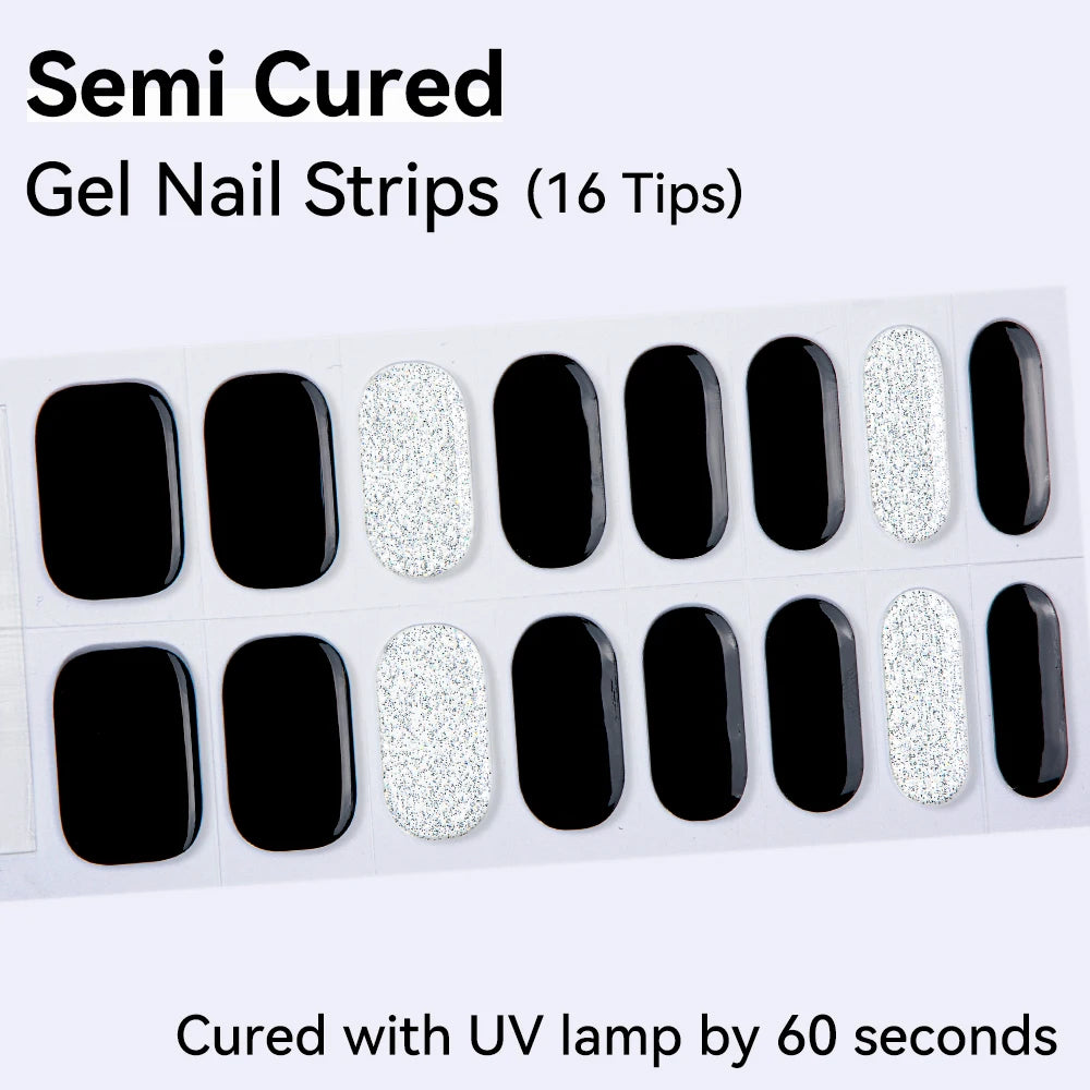 16Tips Semi-cured Gel Nail Sticker Colorful French Glitter UV LED Qme NF240188