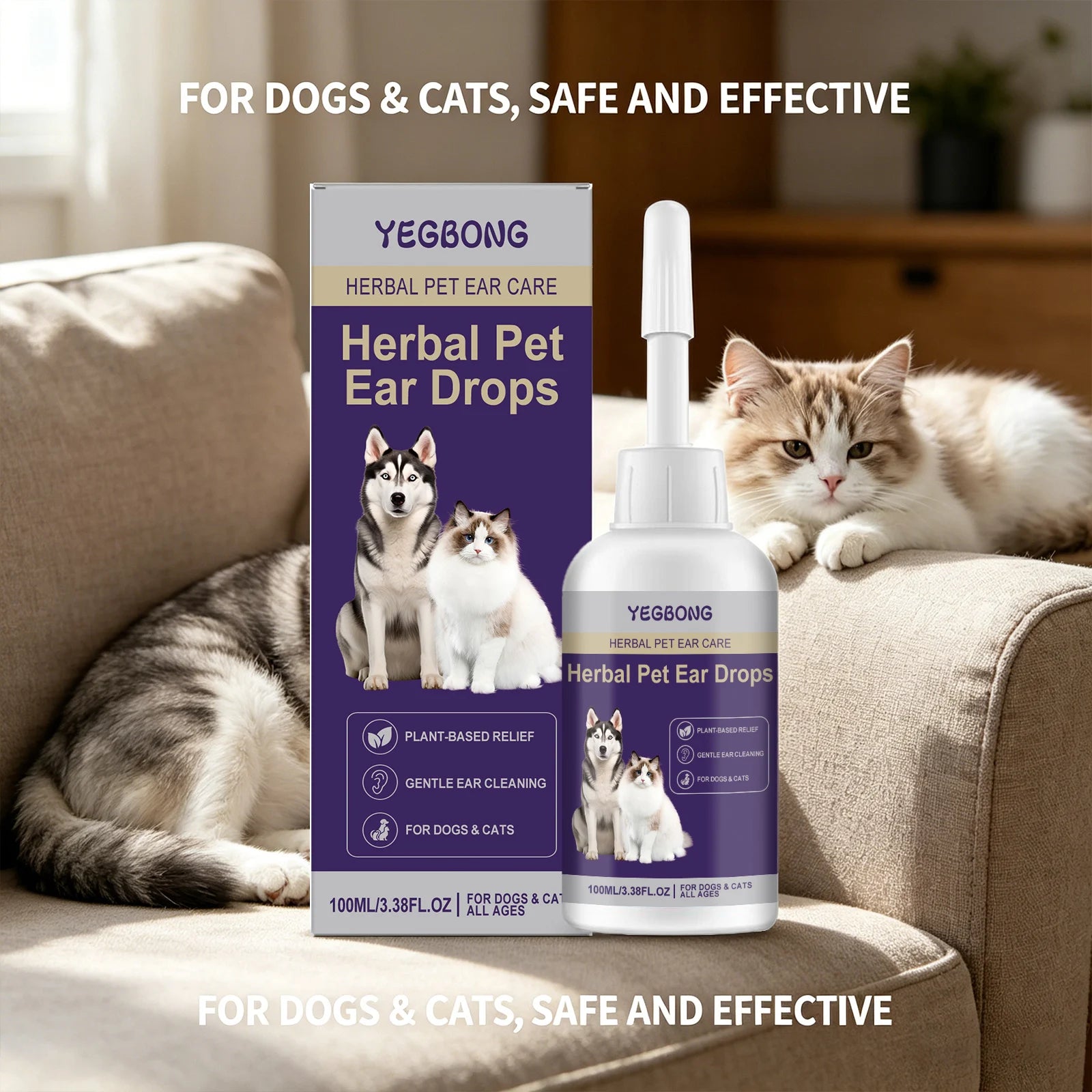 Pet Ear Drops Removing Earwax Eliminate Ear Odor Freshing Relieve Dryness & Discomfort Cat Cleaning Drops Suitable for All Ages Qme