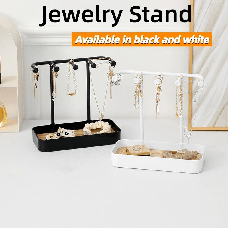Jewelry Organizer Stand with Tray & Frame - Multi-Tiered Necklace Holder with Hanging Hooks, Earrings Display Rack, Bracelet Qme
