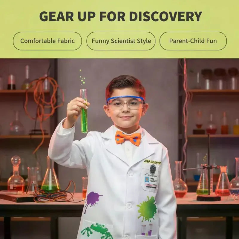 Kids Mad Scientist Costume With Printed Lab Coat & Safety Goggles, Great For Halloween Dress Up & Science Parties Qme