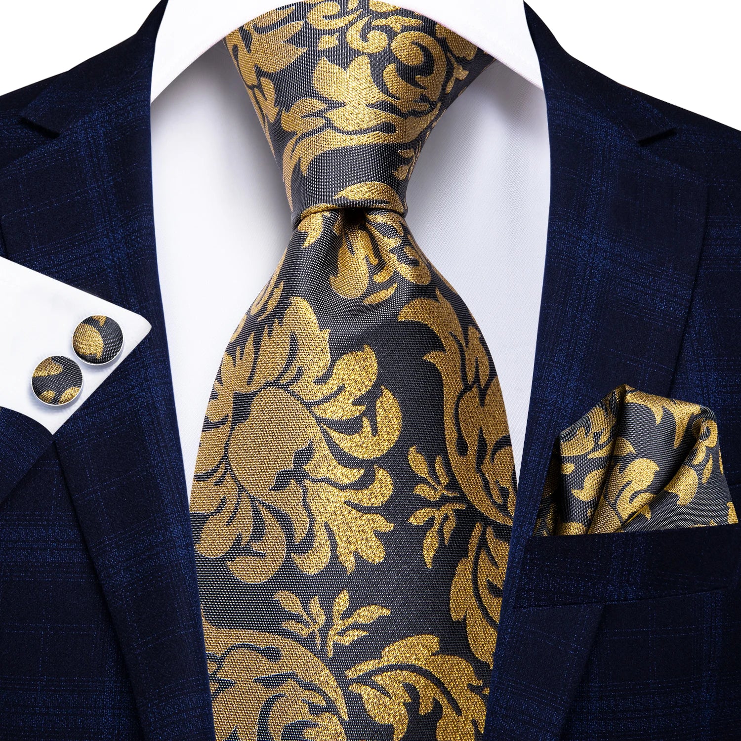 Designer Gold Solid Wedding Tie Men Handky Cufflink Striped Plaid