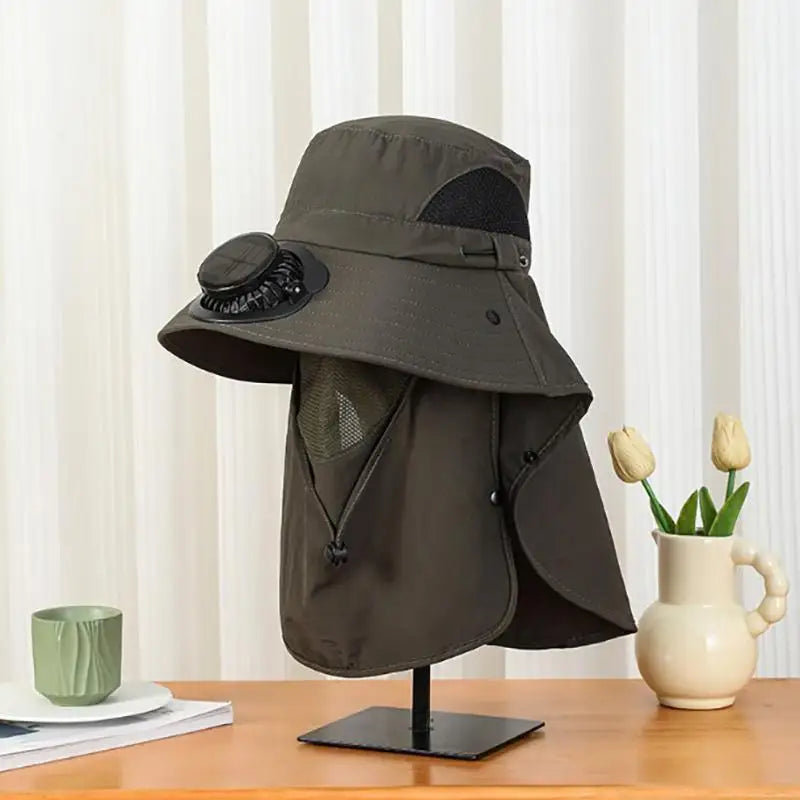 Men Fan Hat Solar Panel Wide-brimmed Shawl Fishing USB Charging Qme olive green