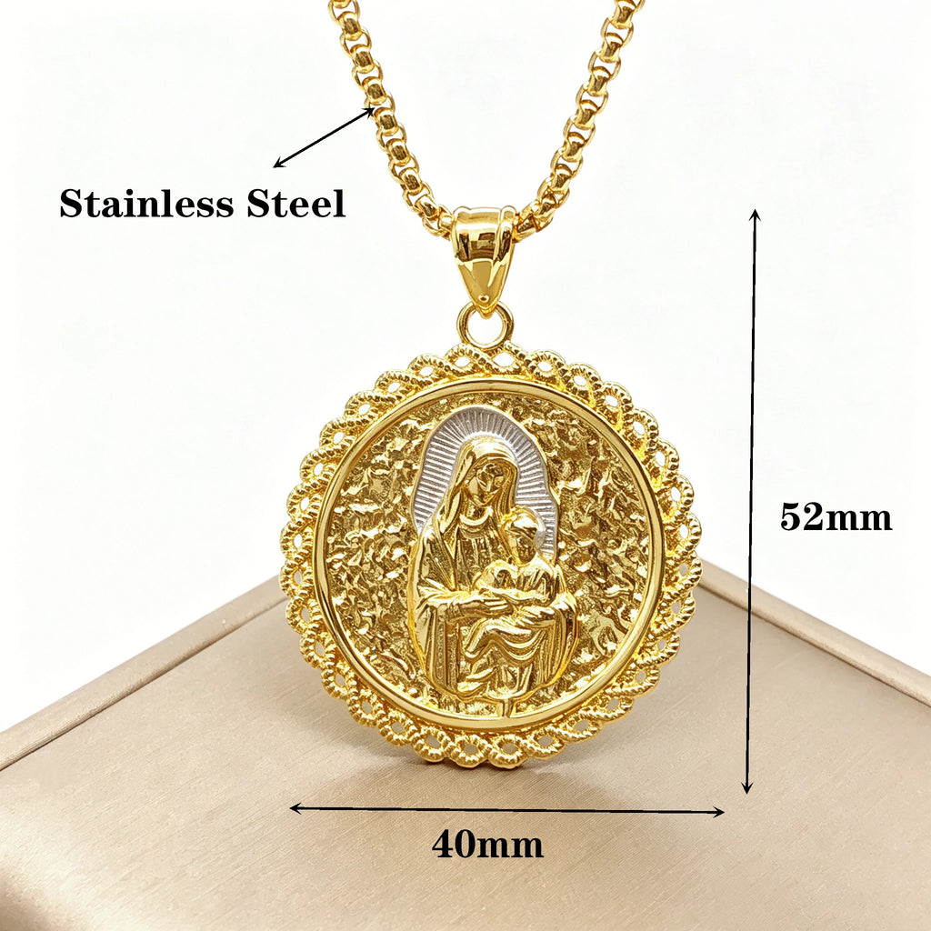 Gold-Plated 60/45cm Simple Round Virgin Mary St. Jude Cross Stainless Steel Necklace for Men Women Daily Party Religious Jewelr Qme