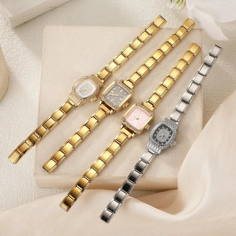 Fashion Women's Men's DIY 9mm Width Italian Elastic Charm Stainless Square Shiny Zircon Watch Bracelet Bangle For Birthday Gifts Qme