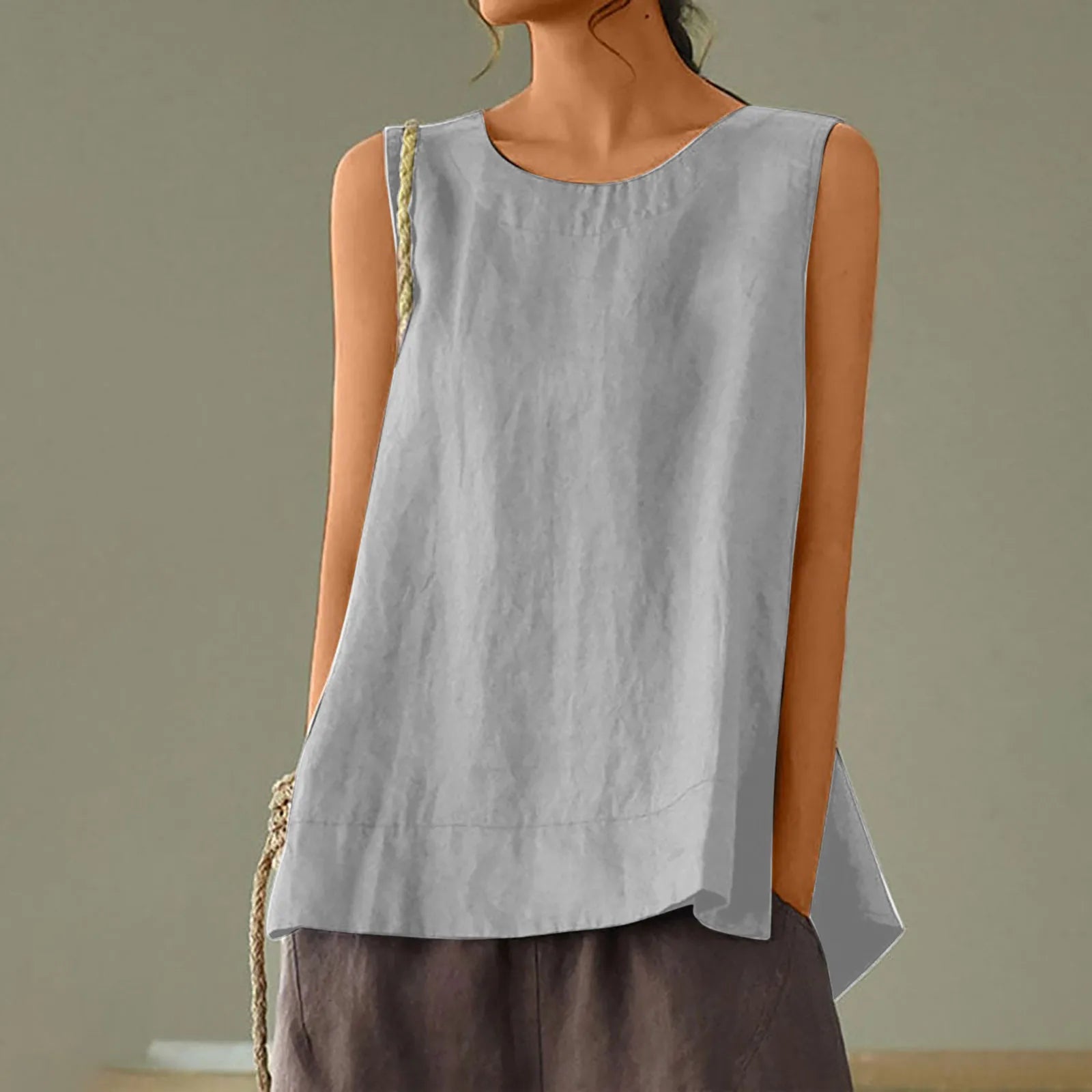 Female Summer Oversized Solid Color Retro Casual Cotton Linen Solid Color Sleeveless Round Neck Soft And Breathable Top Vest Qme Gray S