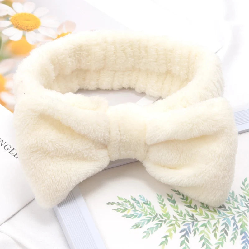 Soft Bow Headbands SPA Yoga Big Solid Coral Fleece Elastic Hair Bands Qme Beige