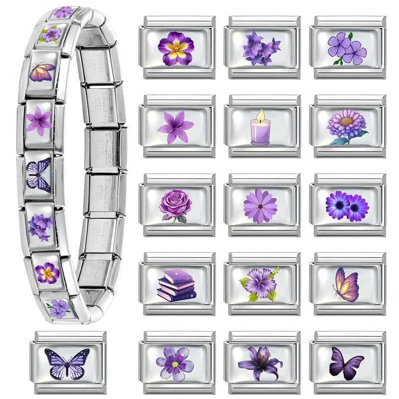 Fashion African Daisy Iris Peony Rose Flower Butterfly Italian Charm Fit 9MM Stainless Steel Bracelet Women Men DIY Jewelry Gift Qme