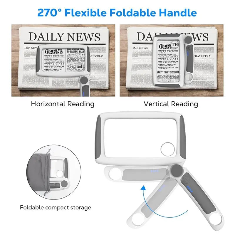 A02F-Foldable Handheld Reading Magnifying Glass, Rechargeable 2/8/20X Full-Page Book Magnifier With Built-In Light- Gray Color Qme