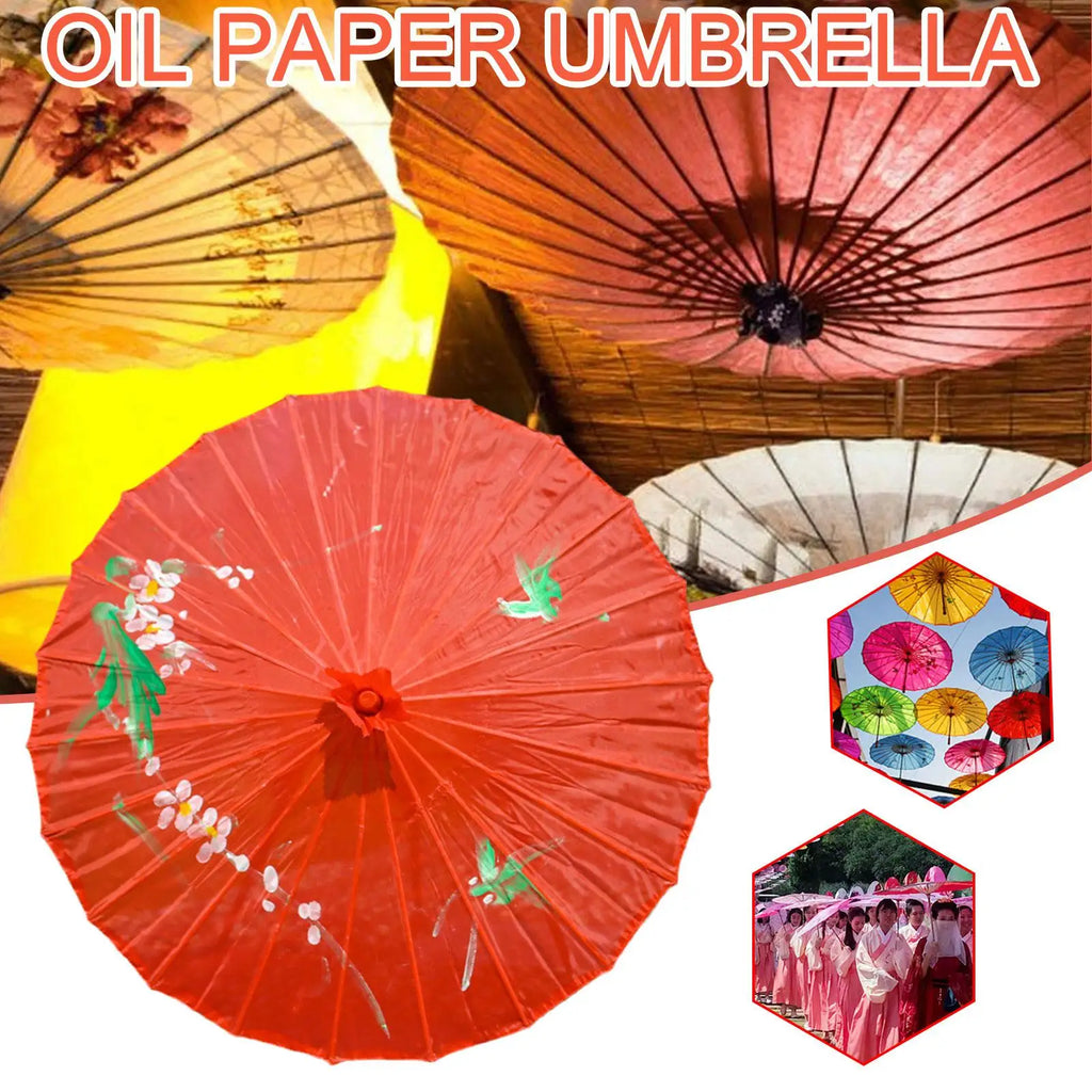 Vintage Chinese Silk Oil Paper Umbrella Red Flower Oil Paper Umbrella Bamboo Handle Wedding Decor Photo Parasol Dance Props Red Qme