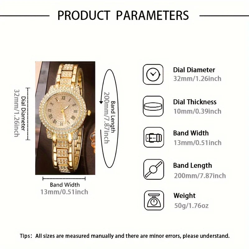 6pcs/set Women's Watch Luxury Rhinestone Quartz Watch Hiphop Fashion Analog Wrist Watch & Jewelry Set, Gift For Mom Her Qme