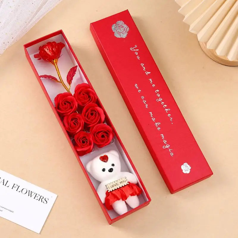 Plush Bear Artificial Flower Box Soap Rose Flowers Creative Romantic Qme Red