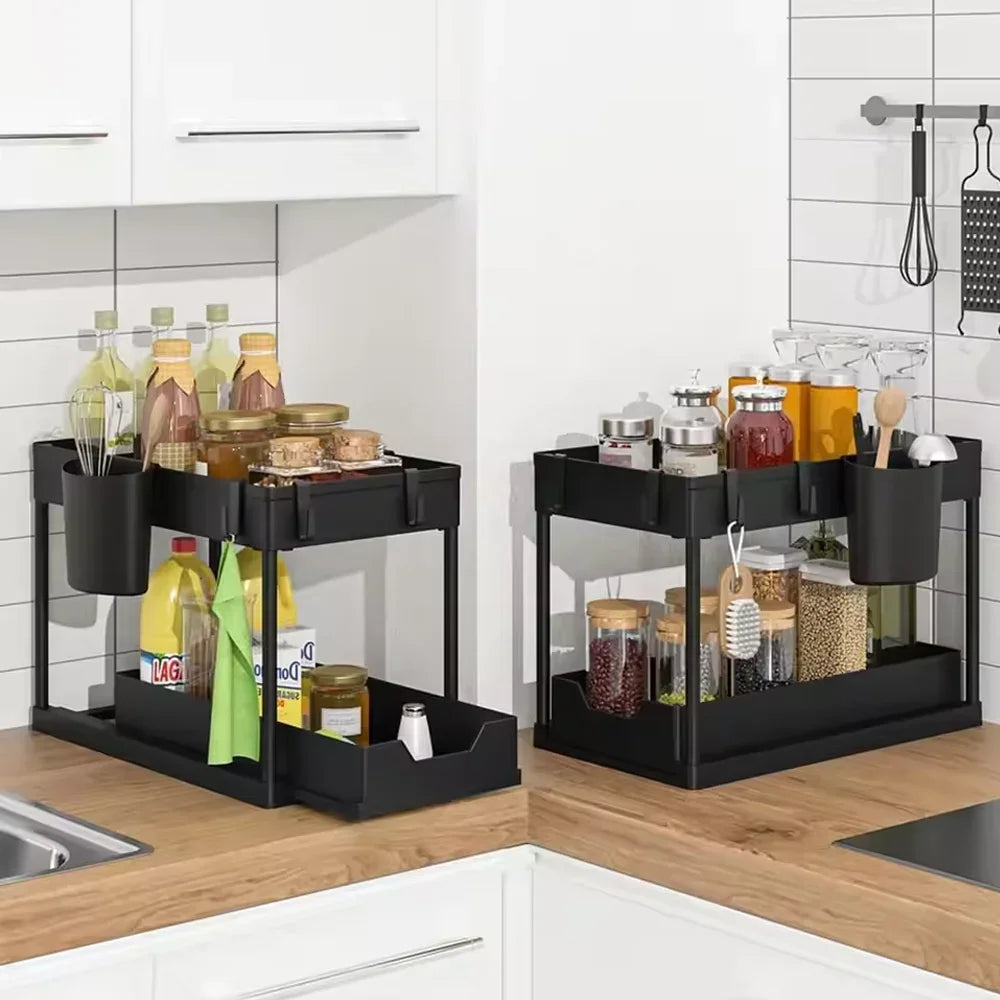 Kitchen 2 Tier with Hooks Hanging Cup Home Bathroom Organizer Under Sink Organizer Sliding Cabinet Basket Organizer Storage Rack Qme