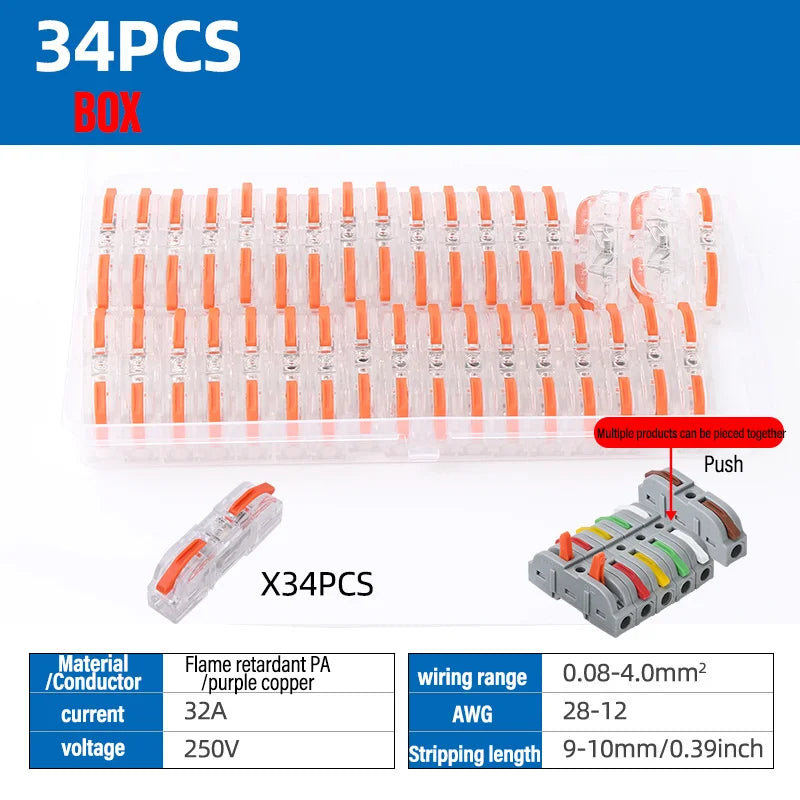 Quick Lever Wire Connectors Terminal 1-To-1 Inline Spliceable Butt Wiring Block Reusable Plug In Insulated Electrical Connector Qme T211O 34PCS