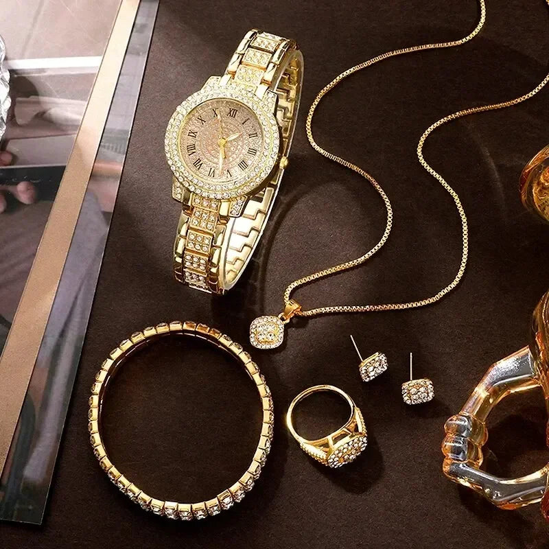 Golden Watch Women Ring Necklace Earrings Rhinestone Fashion Wristwatch Female Casual Ladies Watches Bracelet Set Clock Qme