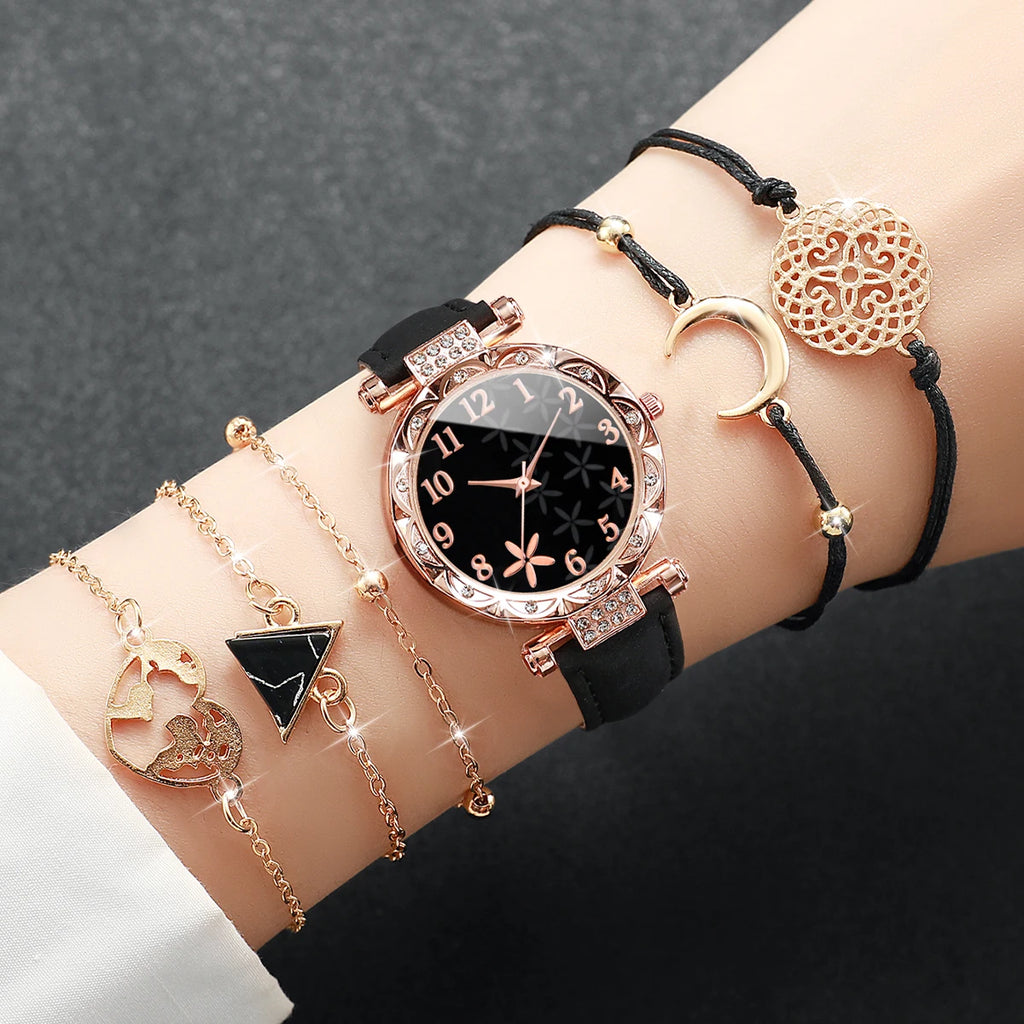 6PCS/Fashion Women's Watch Set Simple Leather Strap Quartz Women's Watch Set Girl Gift Qme