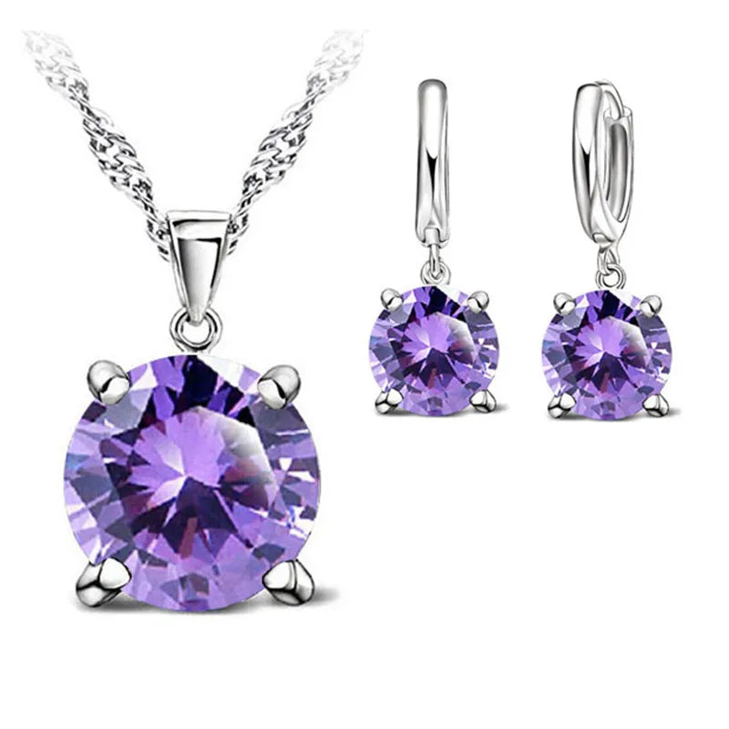 Real 925 Sterling Silver Color Earrings CZ Crystal Classic Round Earrings For Women Wedding Engagement Fashion Brand Jewelry Qme Purple