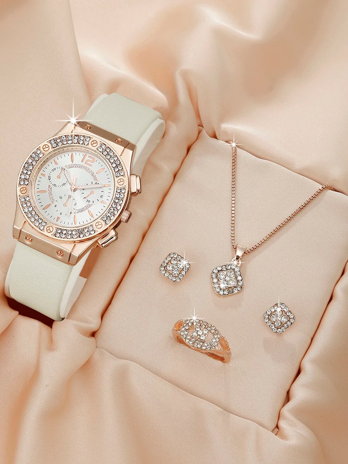 5PCS Set Fashion Women Watches Simple Ladies Business Leather Quartz Watch Womens Necklace Earrings Wristwatch Qme