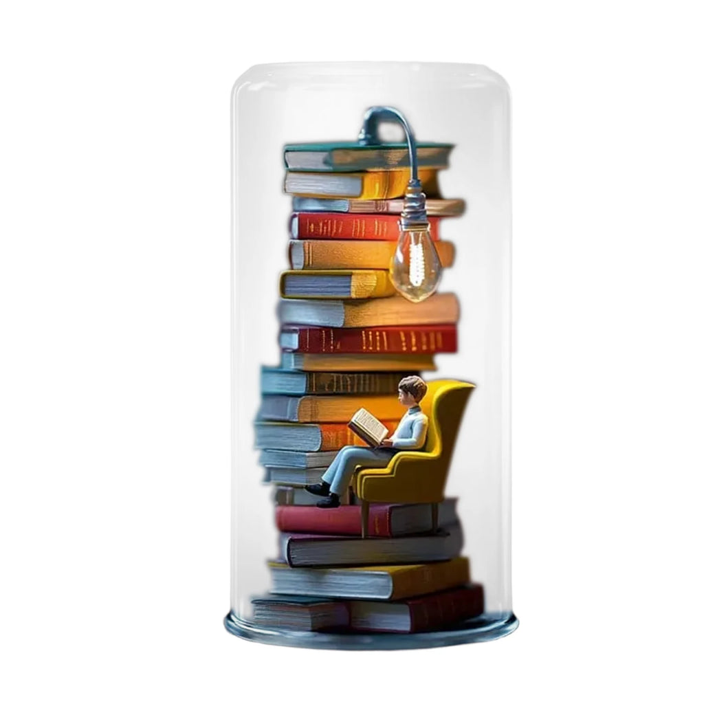 Mini Reading Figurine Lamp with Transparent Cover Tiny Bookshelf Library Statue Light for Desk Ornament Birthday Valentine Gift Qme E One Size